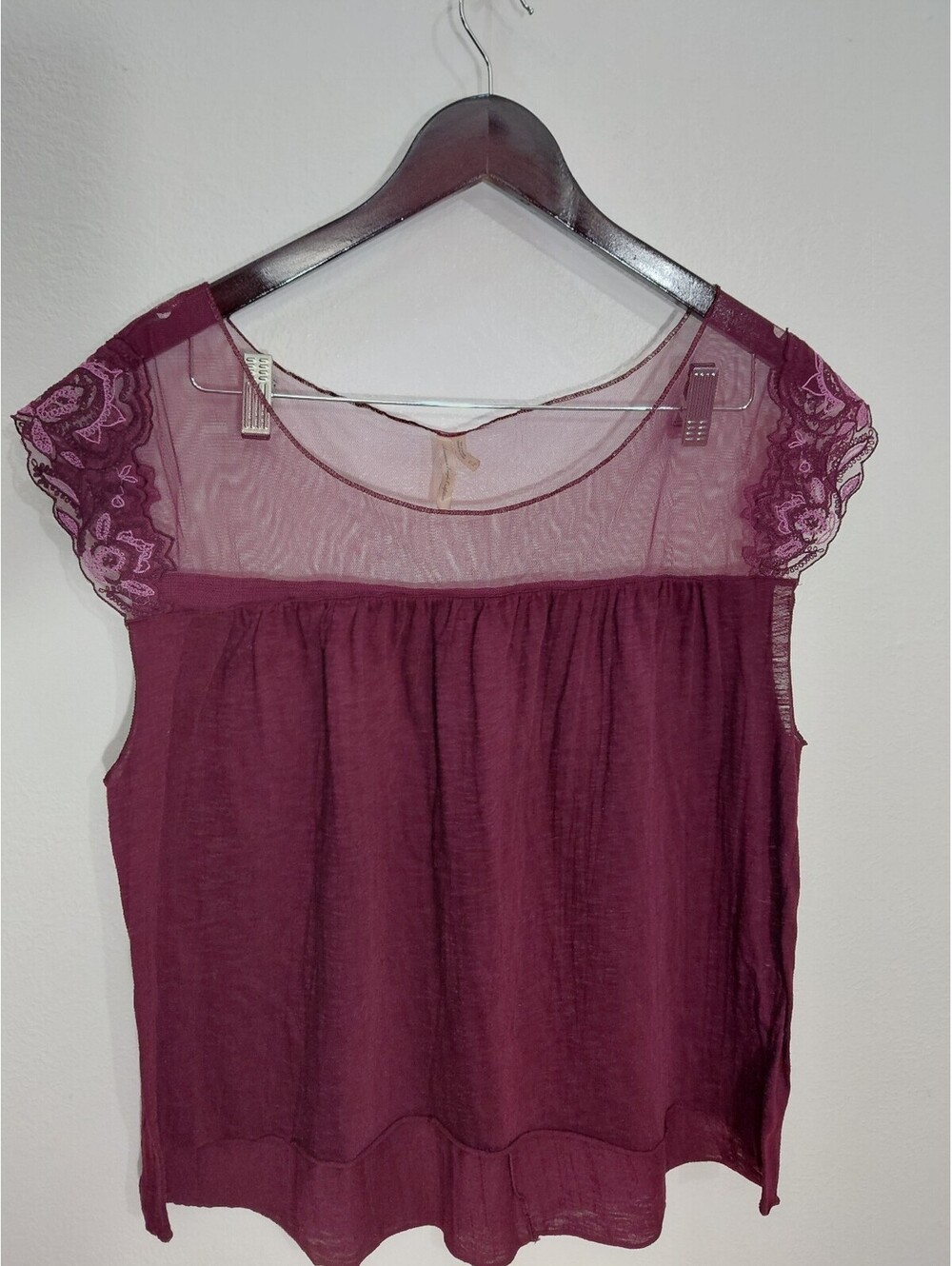 American Eagle Outfitters Women's Burgundy Sheer Mesh and Lace Cap Sleeve Top, X